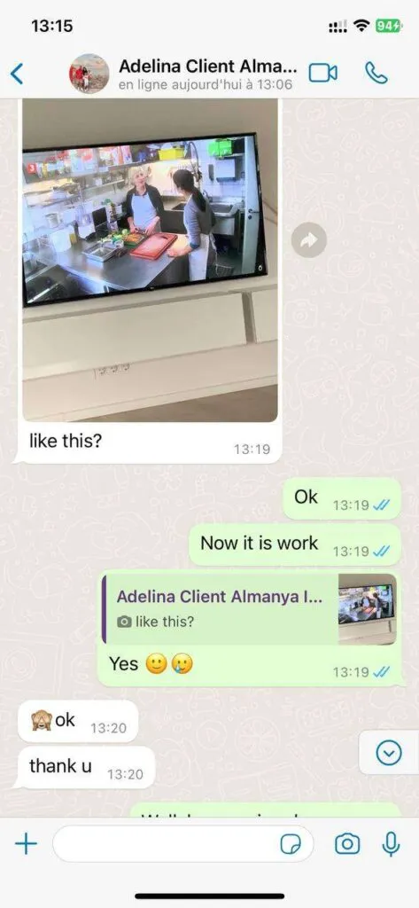 Avis positif envoyé par un utilisateur WhatsApp